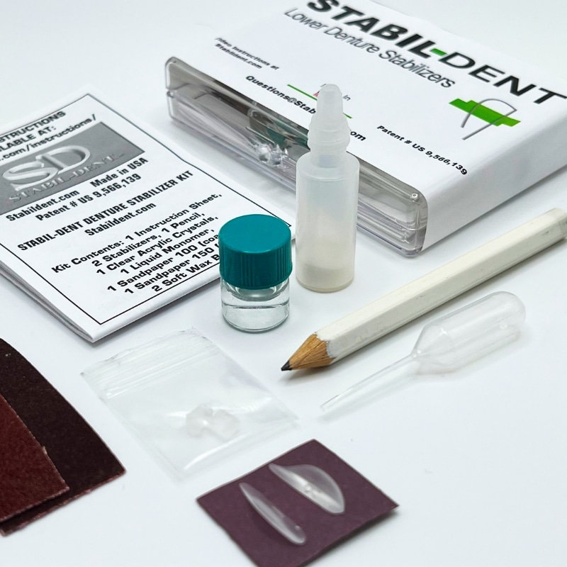 Contents of the lower denture stabilizer kit. Do it yourself lower denture stabilization